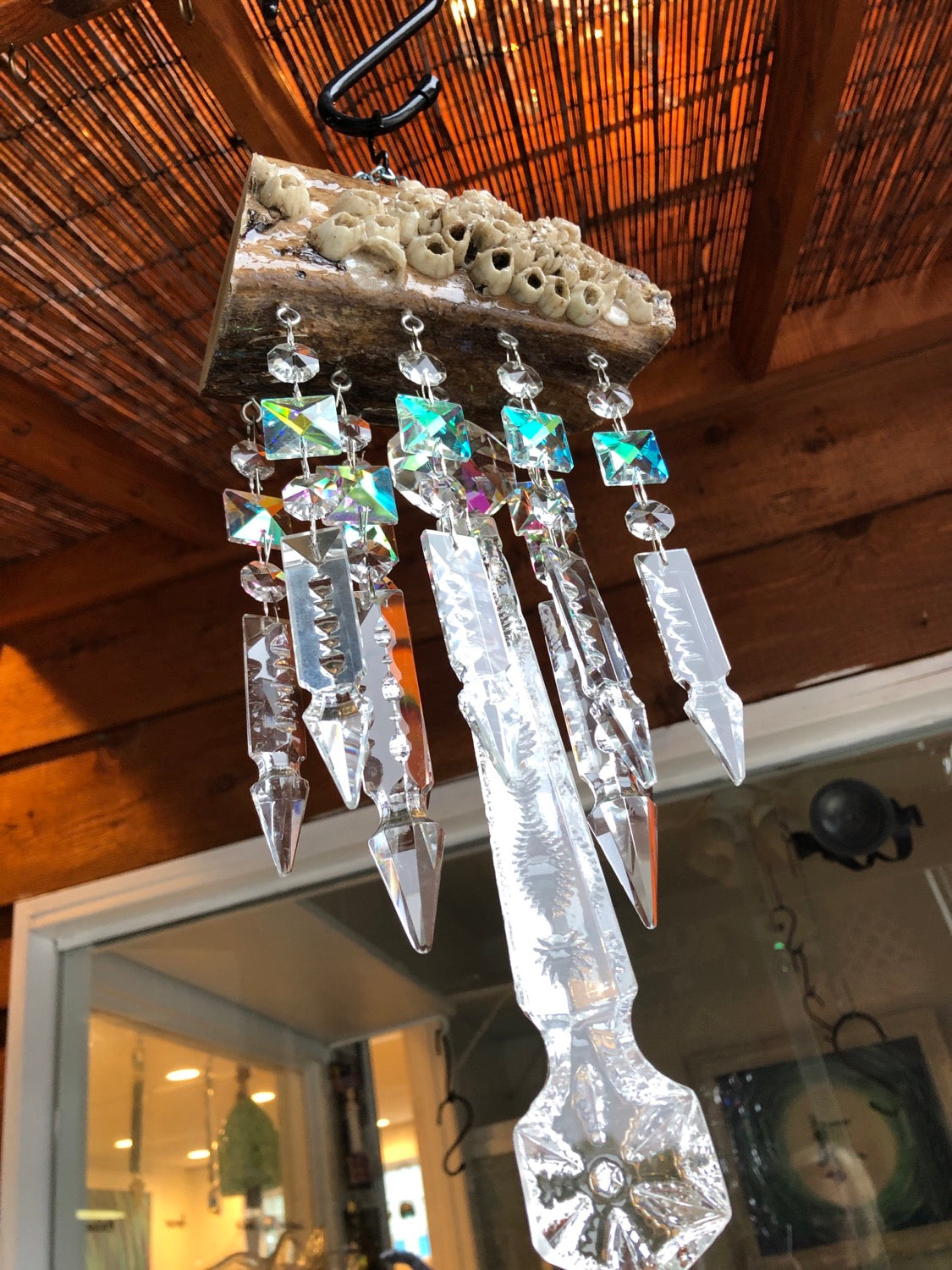 driftwood encrusted barnacle epoxied wind chime 11 chandelier crystals