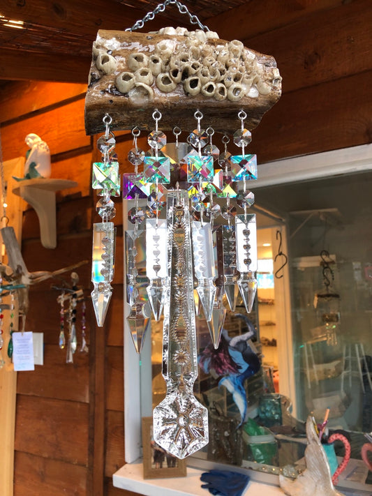 driftwood barnacle wind chime 11 chandelier crystals