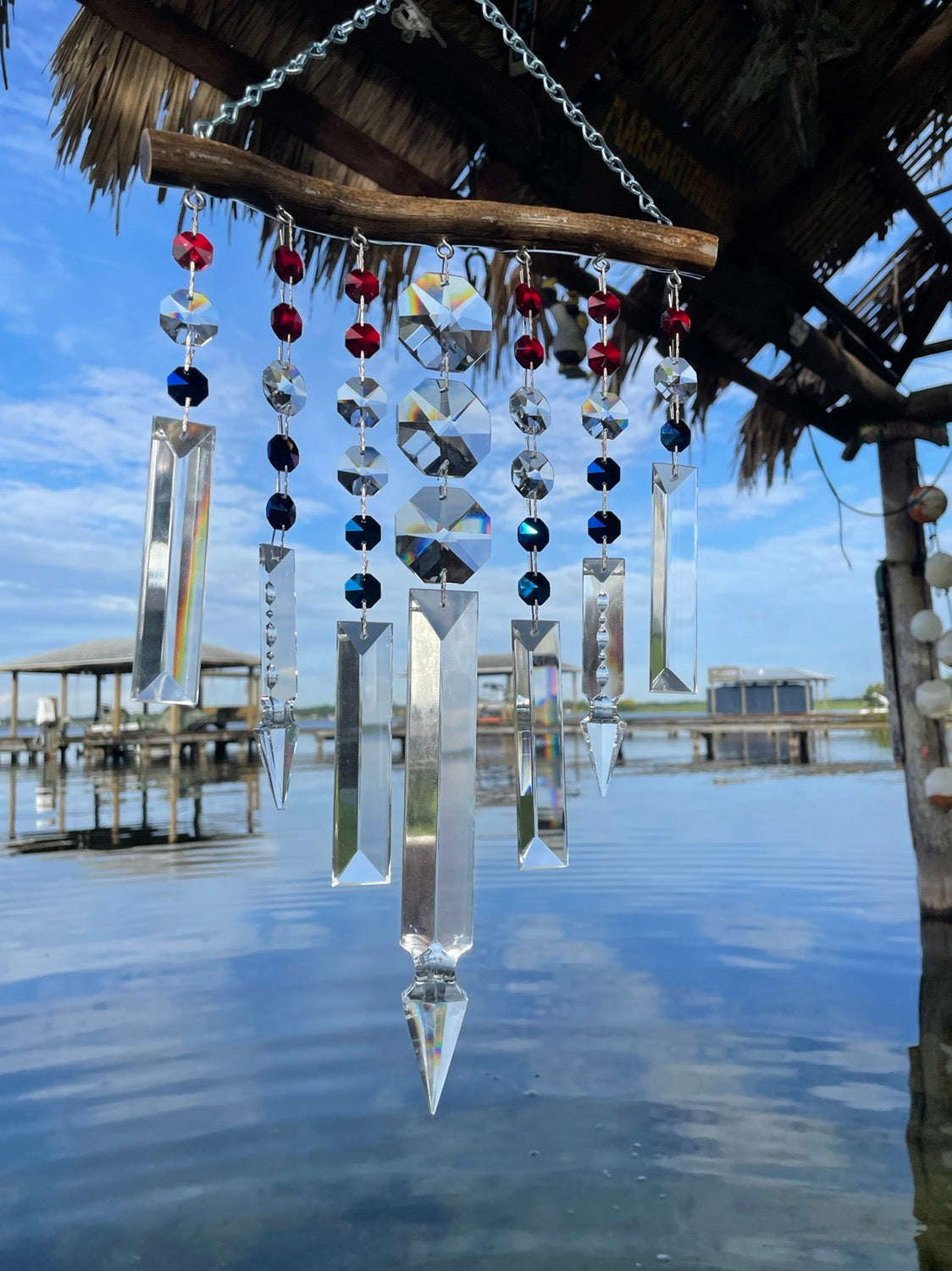 driftwood wind-chime patriotic chandelier crystals red, white, and blue handmade art unique gifts