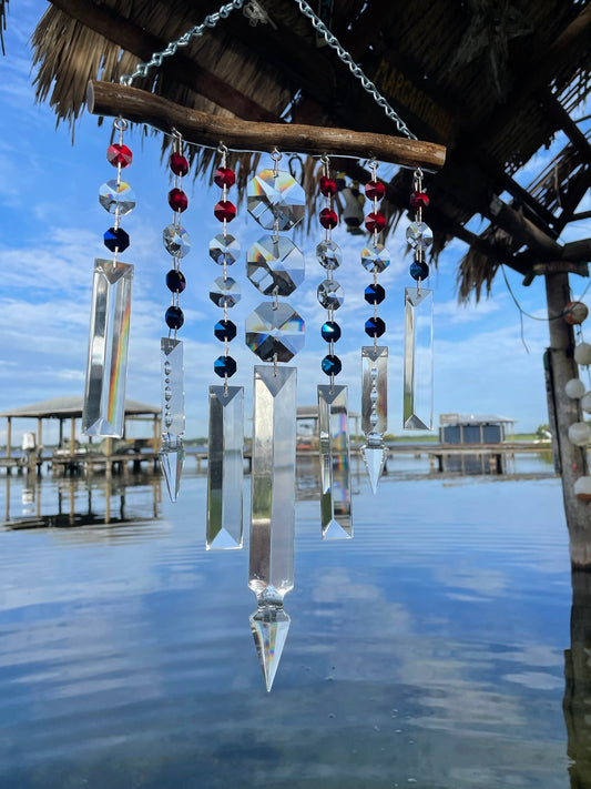 driftwood wind-chime patriotic chandelier crystals red, white, and blue handmade art unique gifts