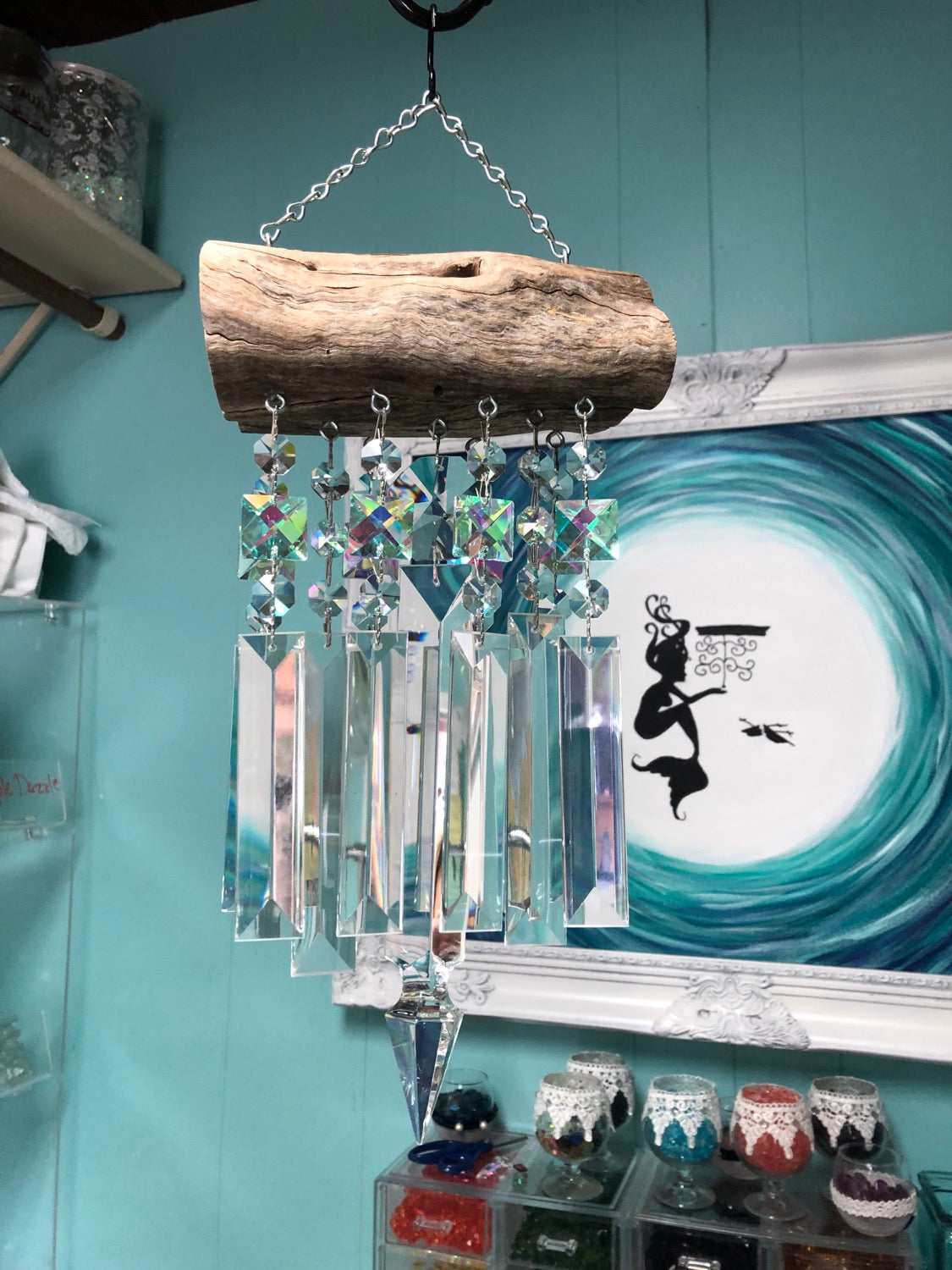 chandelier crystal wind chime sun catcher handmade dazzling driftwood