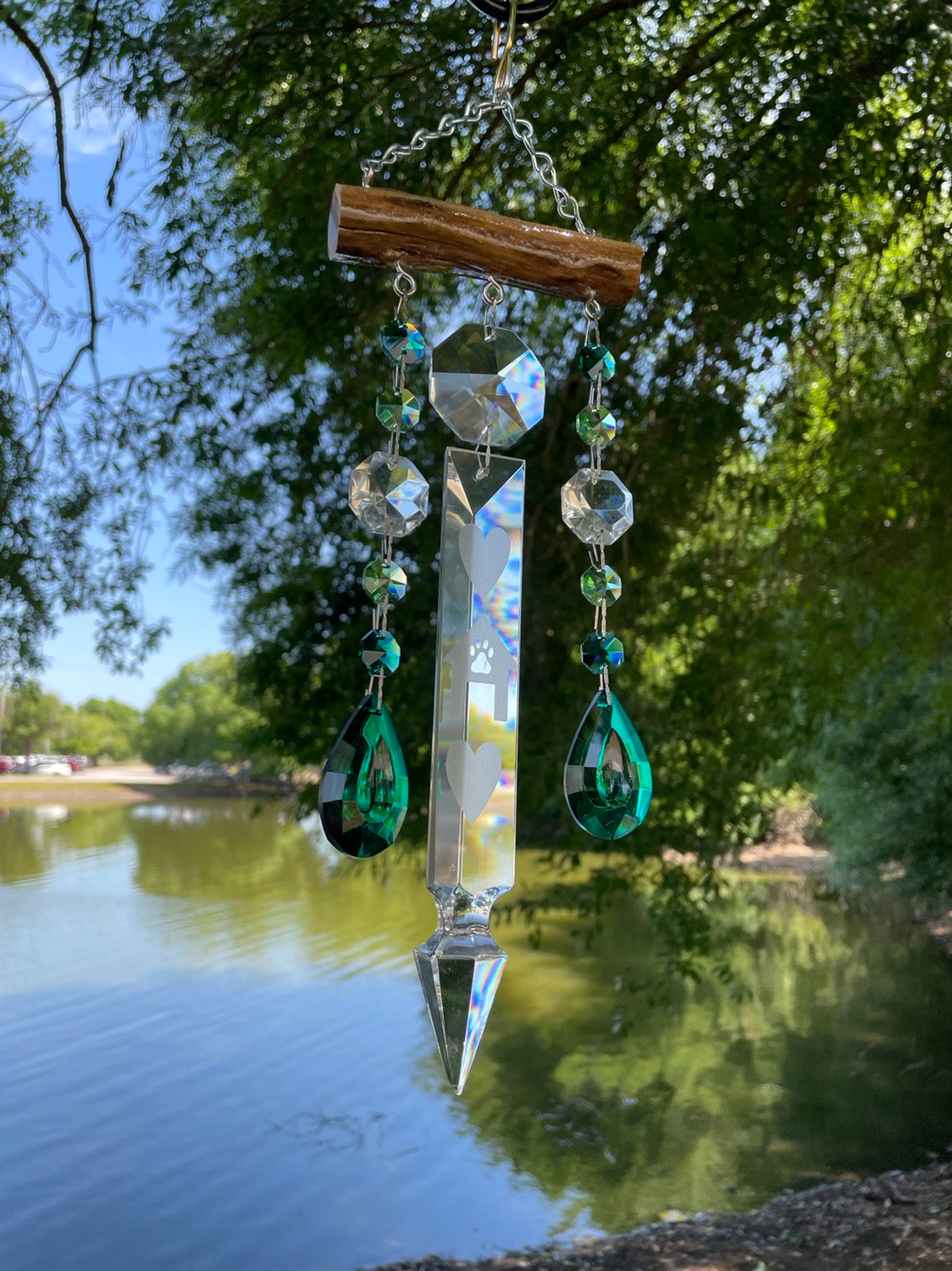driftwood wind-chime chandelier crystals dog unique gift