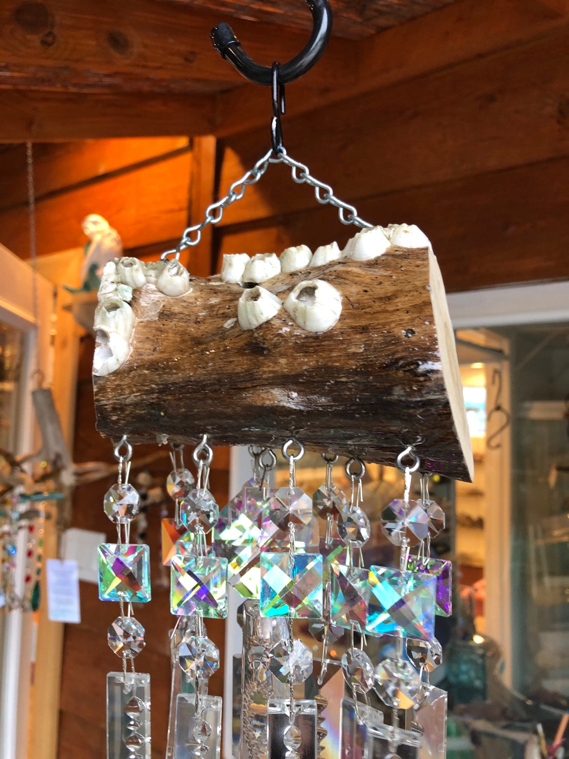 epoxied barnacles and driftwood wind-chime 11 chandelier crystals