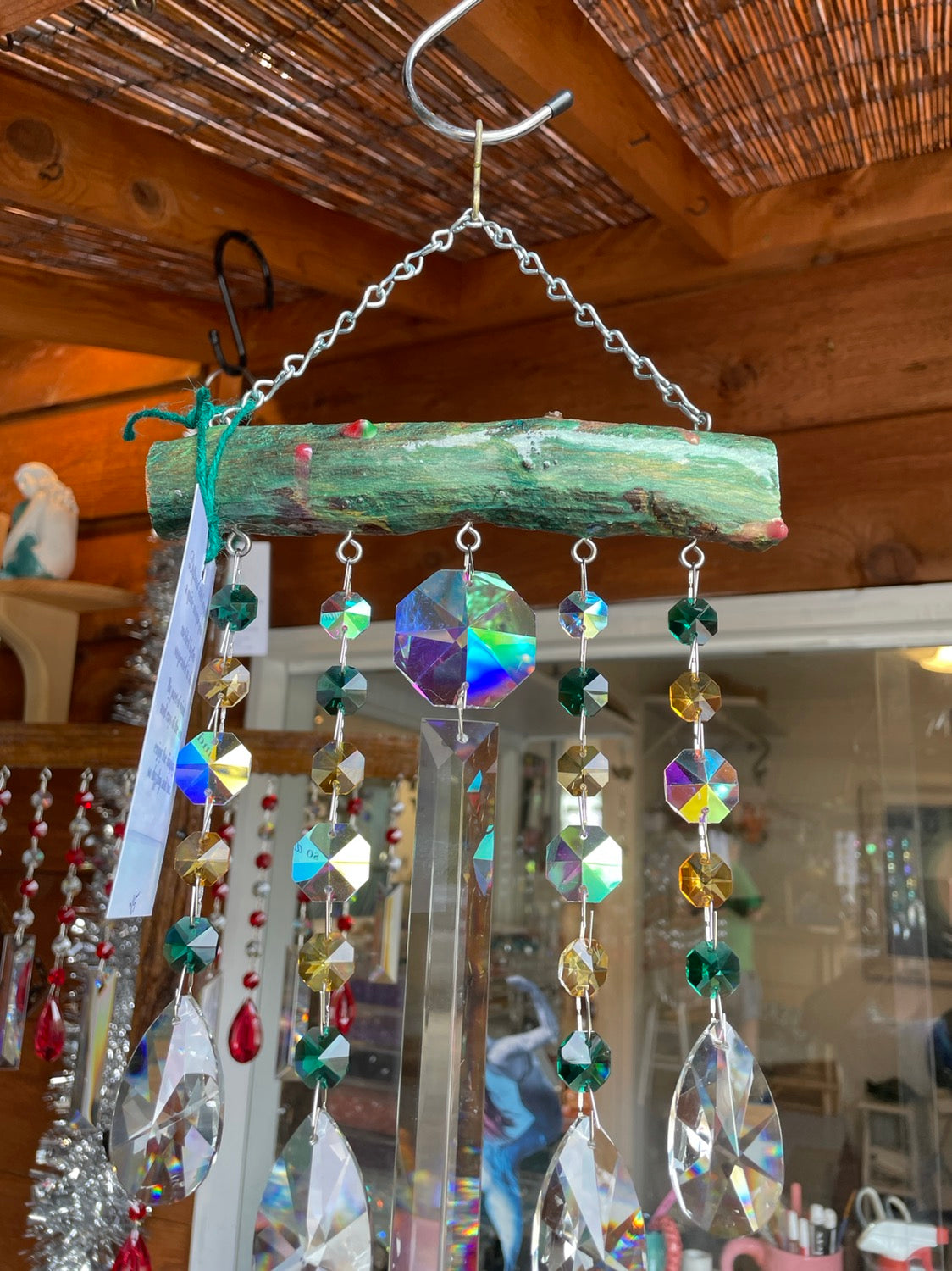 green glistening epoxy resin driftwood wind-chime chandelier crystal hand made art