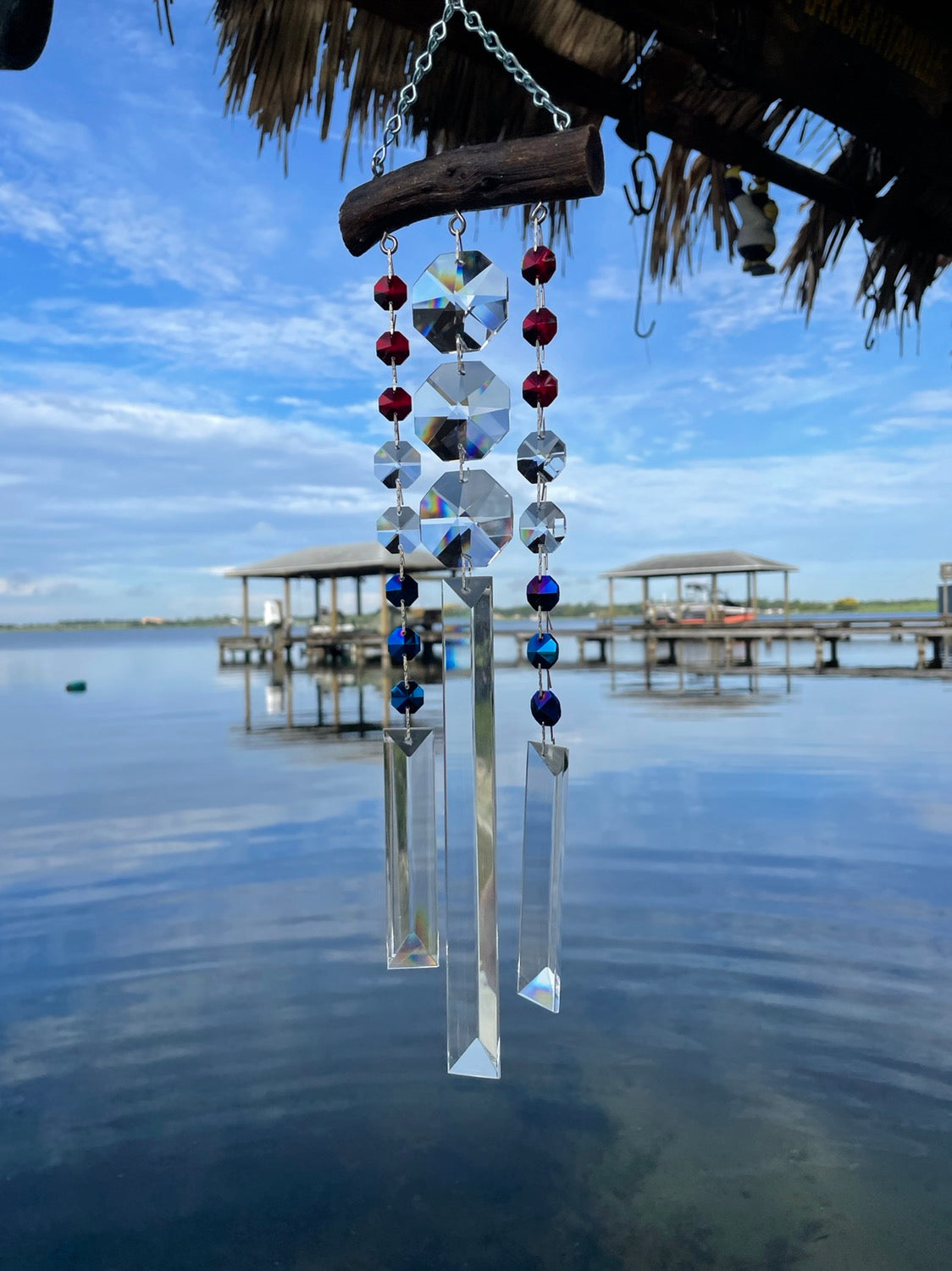 driftwood wind-chime chandelier crystal red, white, and blue patriotic handmade art