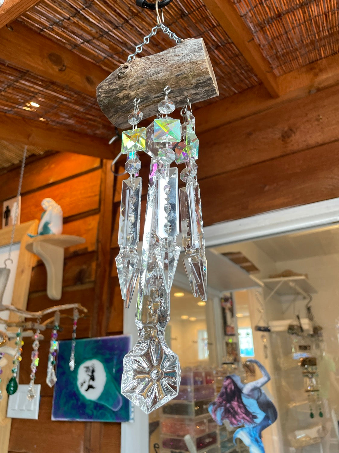 wind-chime sun-catcher chandelier crystal dazzling driftwood