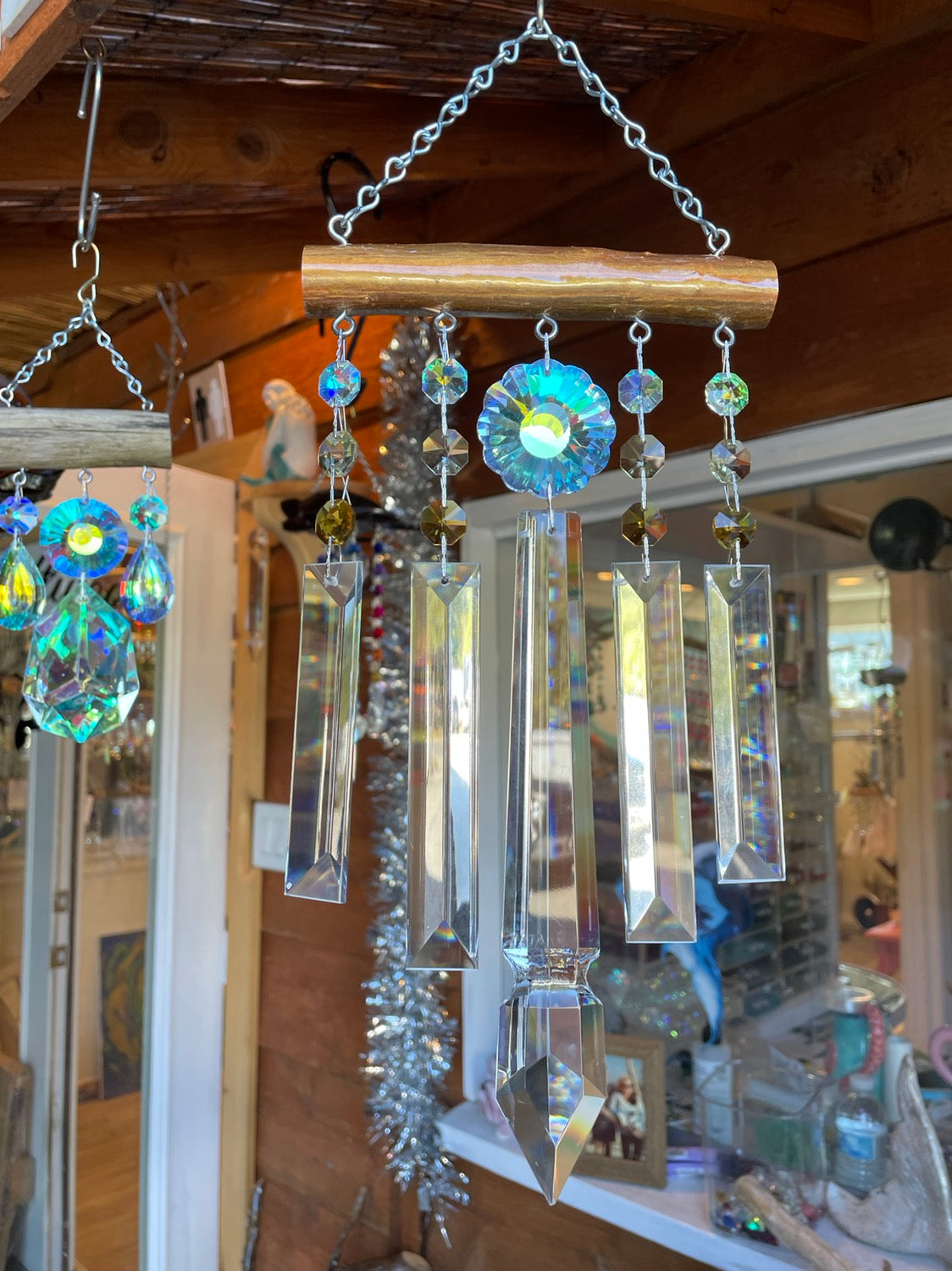 wind-chime chandelier crystals driftwood art hand made