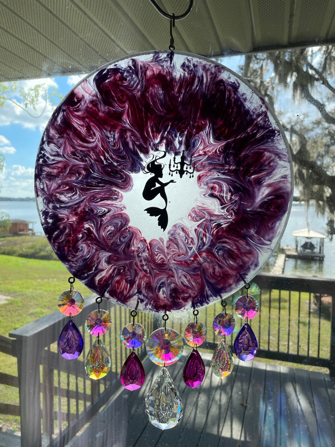 mermaid epoxy resin disk with chandelier crystals purple pink