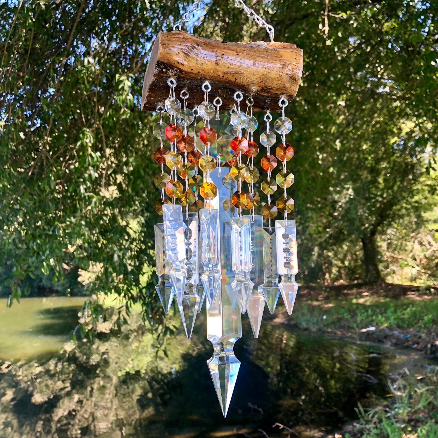 glistening epoxy resin driftwood chandelier crystal wind-chime yellow orange spears