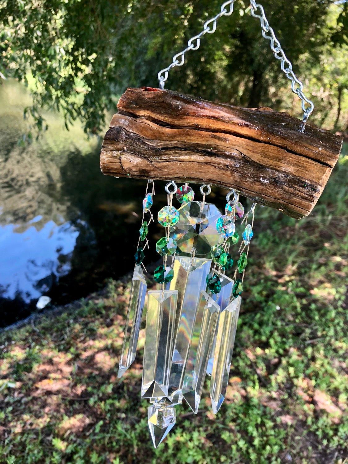 epoxy resin driftwood handmade-art wind-chime chandelier-crystals-green unique gift