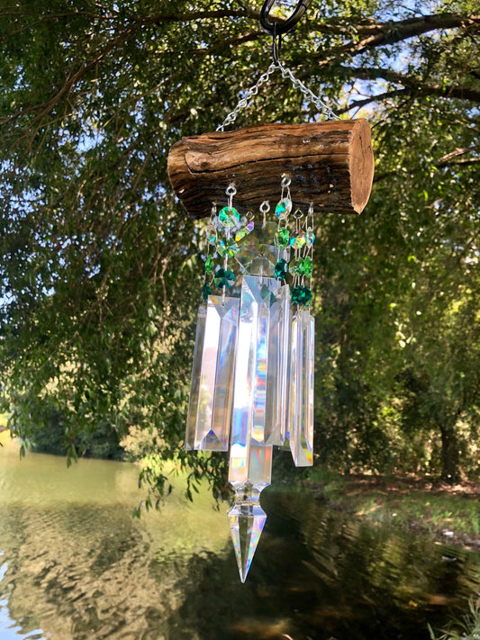 epoxy resin driftwood wind-chime chandelier crystals green handmade art