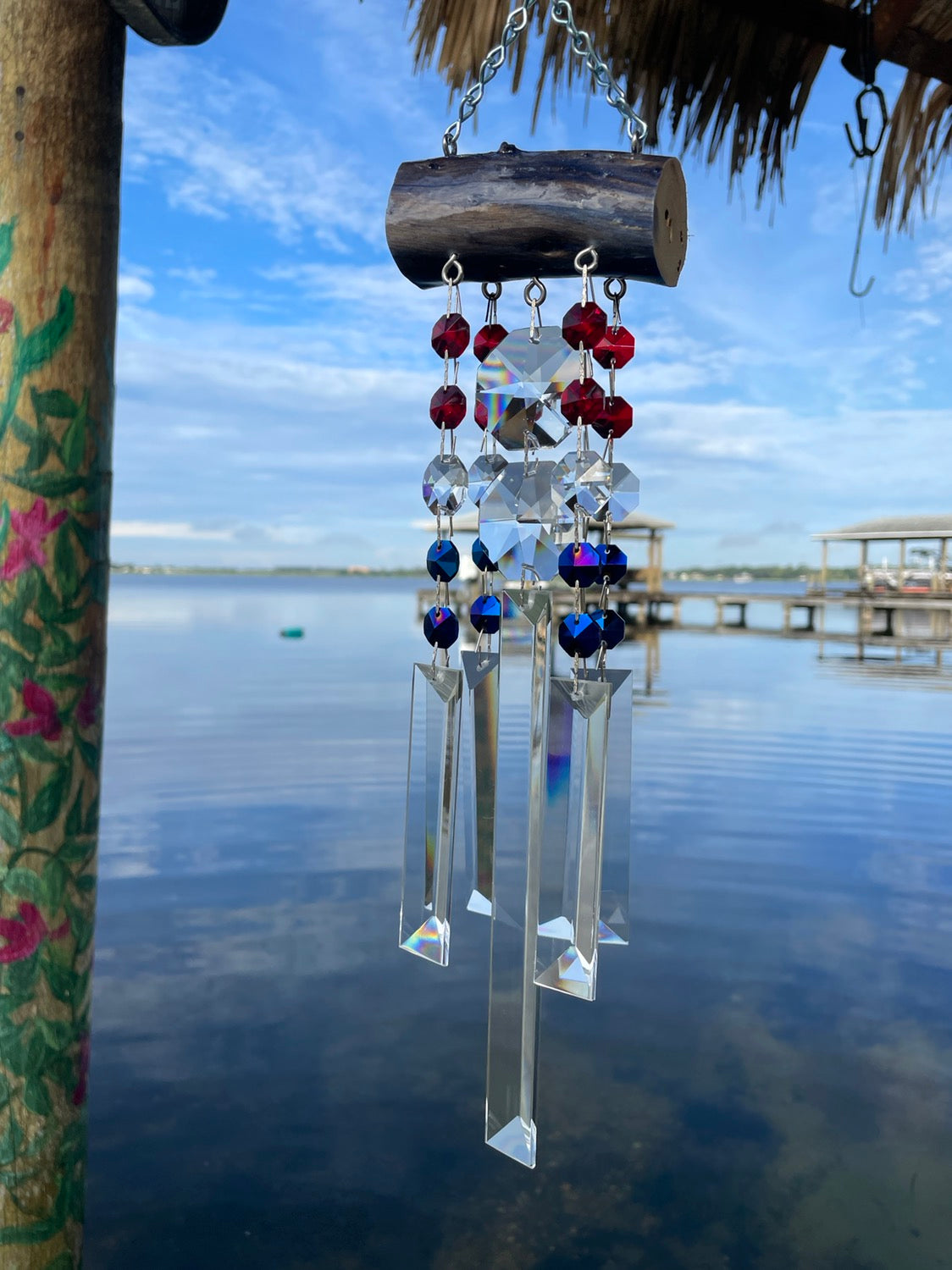 driftwood wind-chime chandelier crystals red, white, and blue unique gift handmade art
