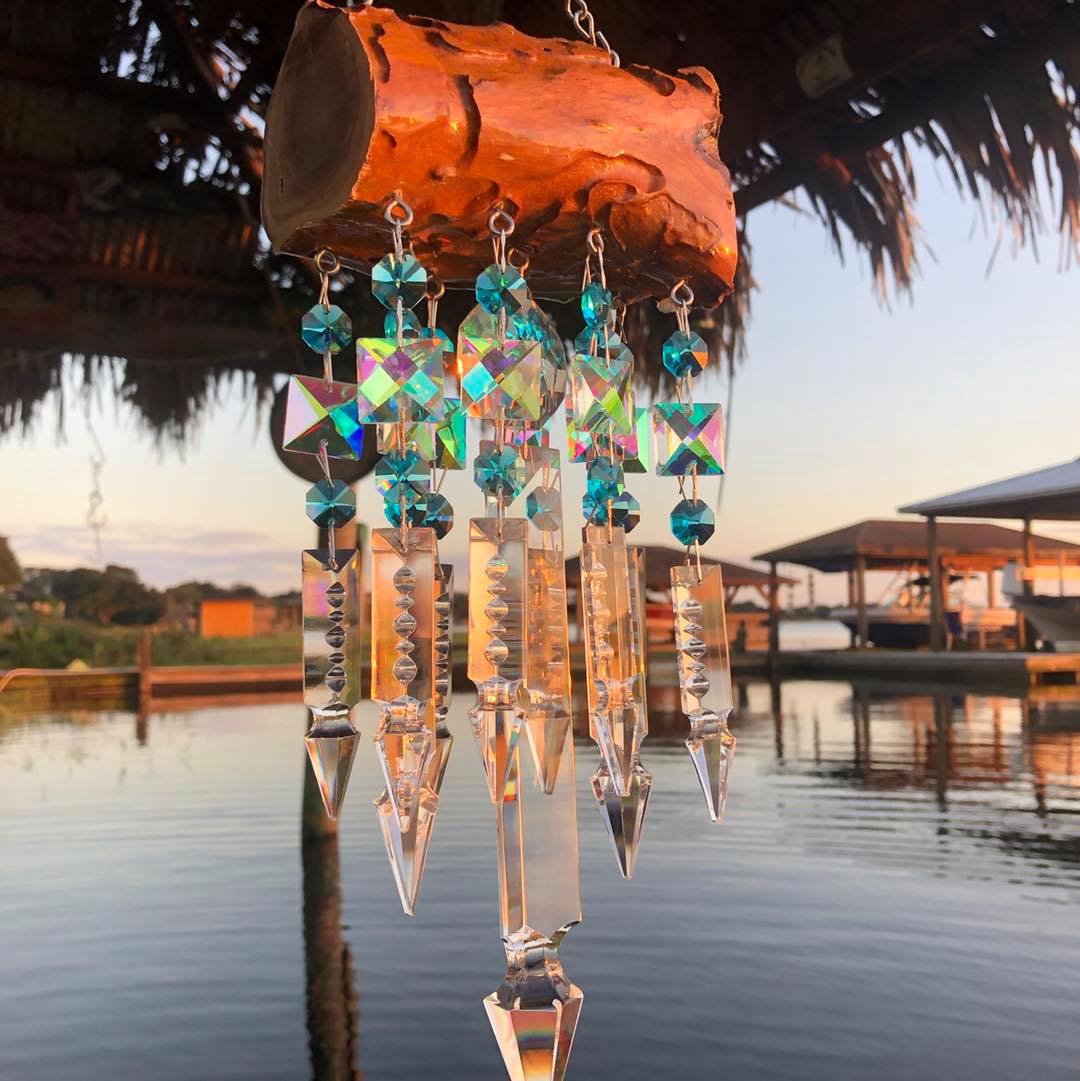 glistening epoxy resin driftwood wind-chime chandelier crystals blue