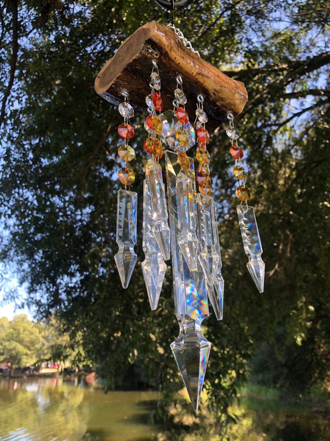 glistening epoxy resin driftwood wind-chime chandelier crystals