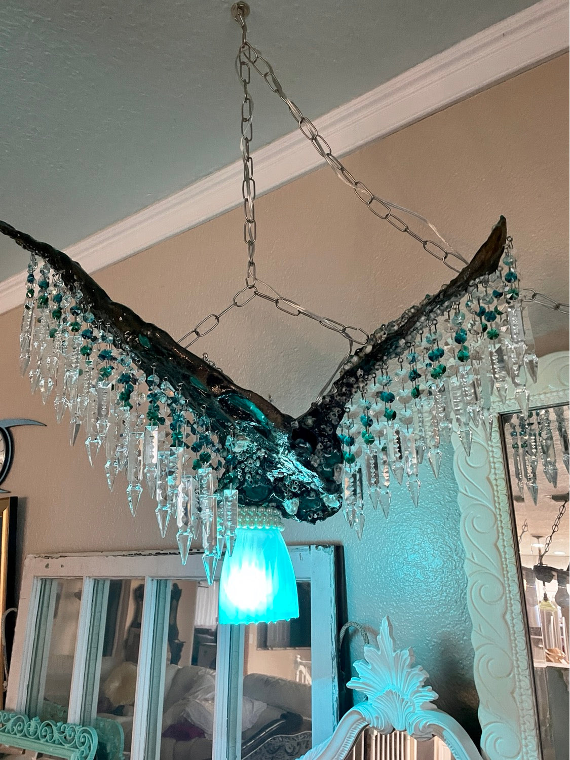 chandelier driftwood epoxied wood chandelier crystals light-fixture