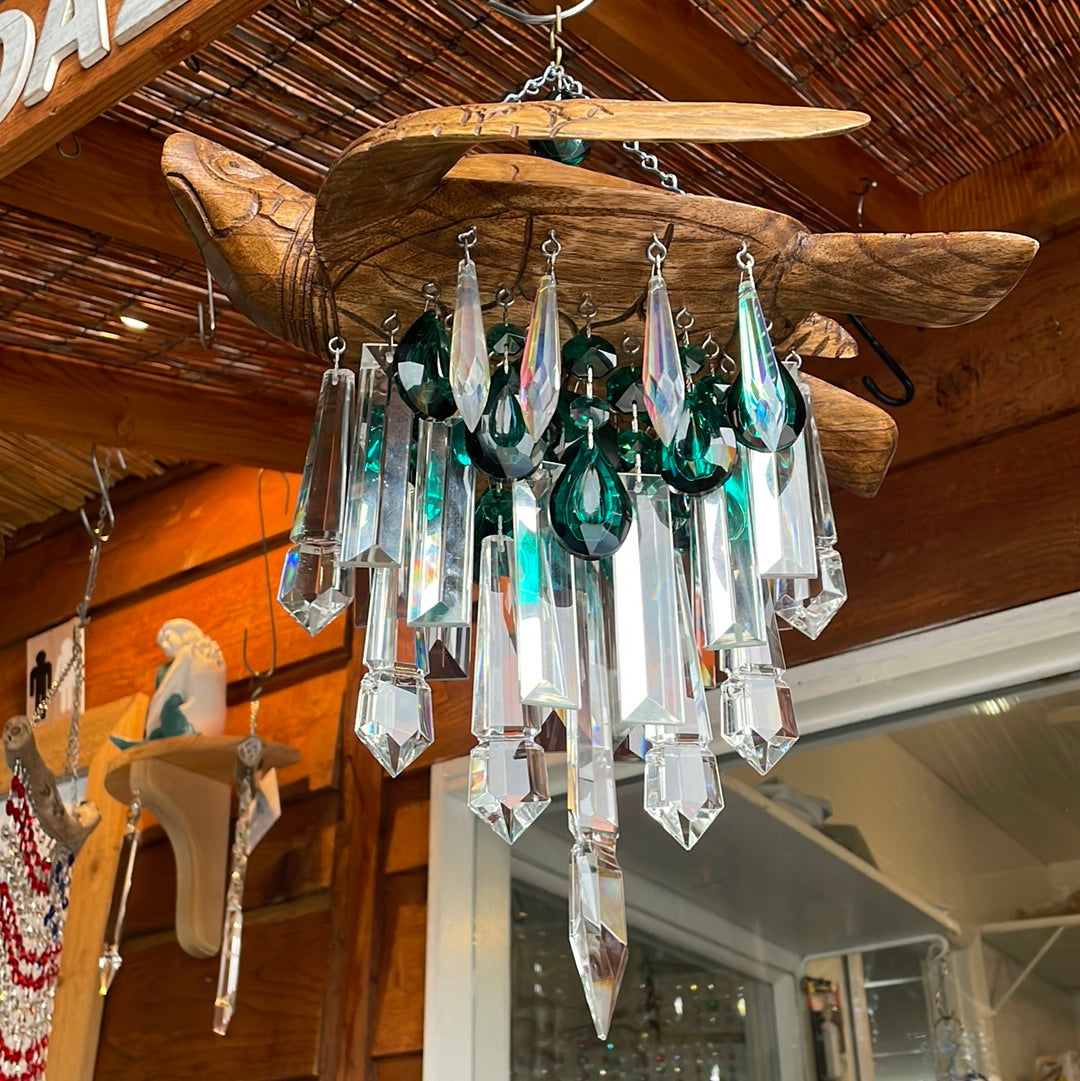 sea turtle wind-chime sun-catcher dazzling-driftwood handmade-art chandelier-crystals